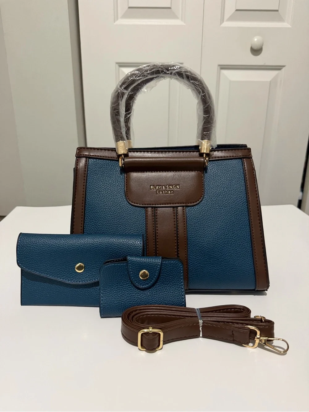 PLAY & SNGN Blue and Brown Structured Satchel with Wallet Set